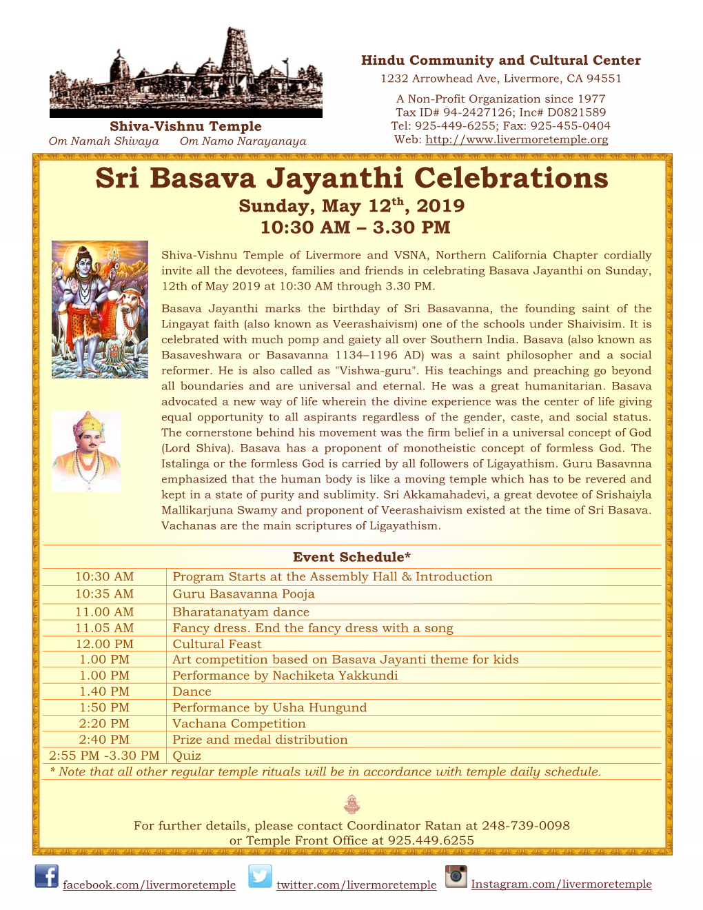 Sri Basava Jayanthi Celebrations Sunday, May 12Th, 2019 10:30 AM – 3.30 PM