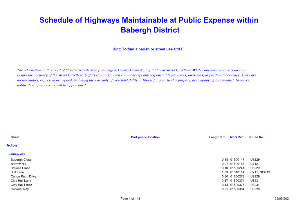 Schedule of Highways Maintainable at Public Expense Within Babergh District