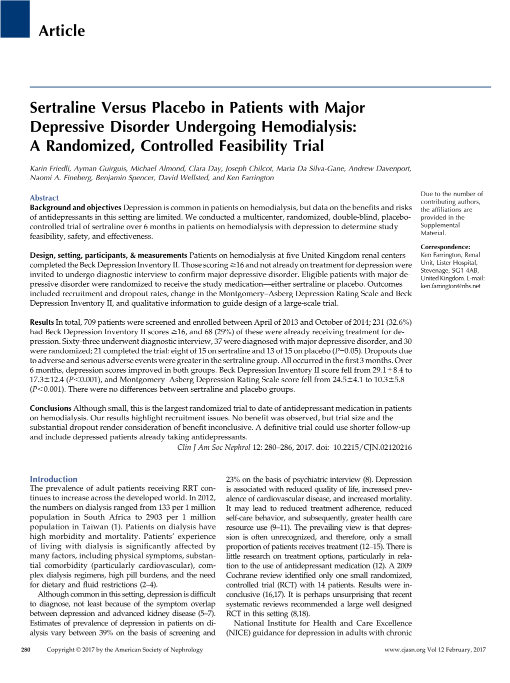 Sertraline Versus Placebo in Patients with Major Depressive Disorder Undergoing Hemodialysis: a Randomized, Controlled Feasibility Trial