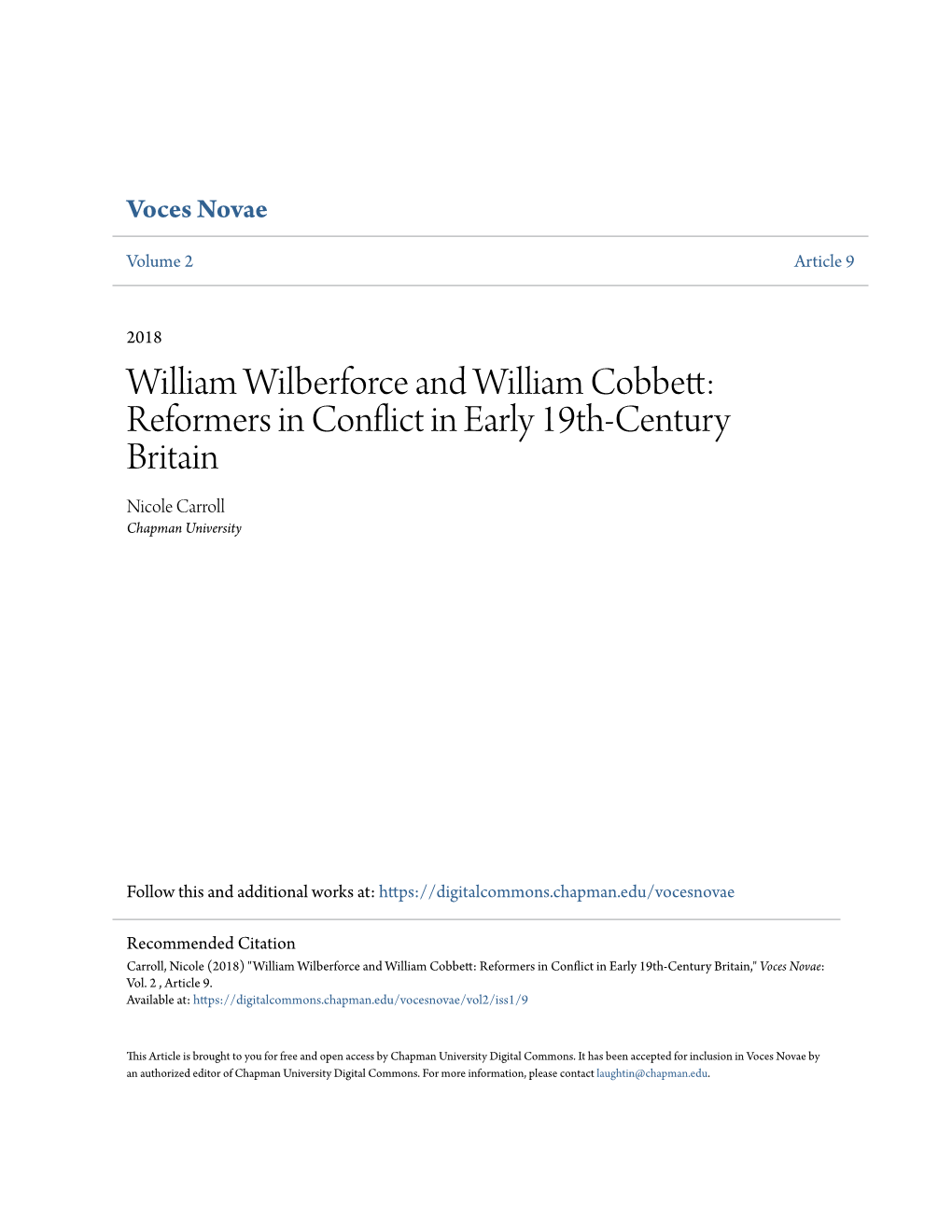 William Wilberforce and William Cobbett: Reformers in Conflict in Early 19Th-Century Britain Nicole Carroll Chapman University