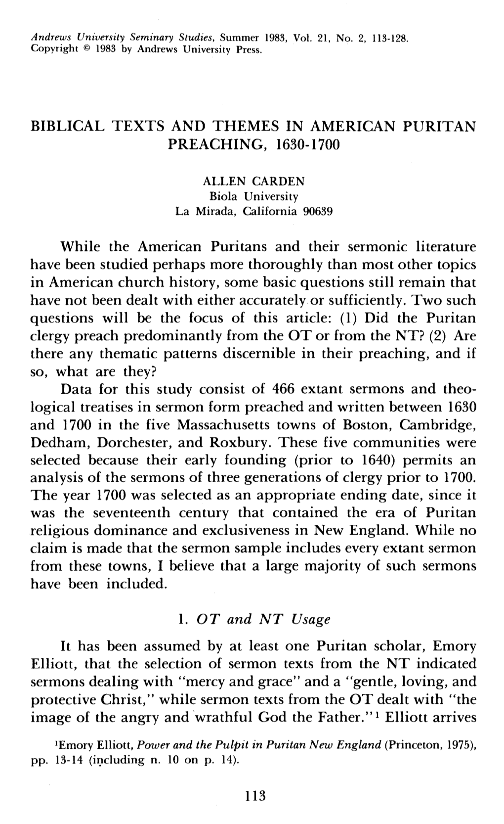 Biblical Texts and Themes in American Puritan Preaching, 1630- 1700