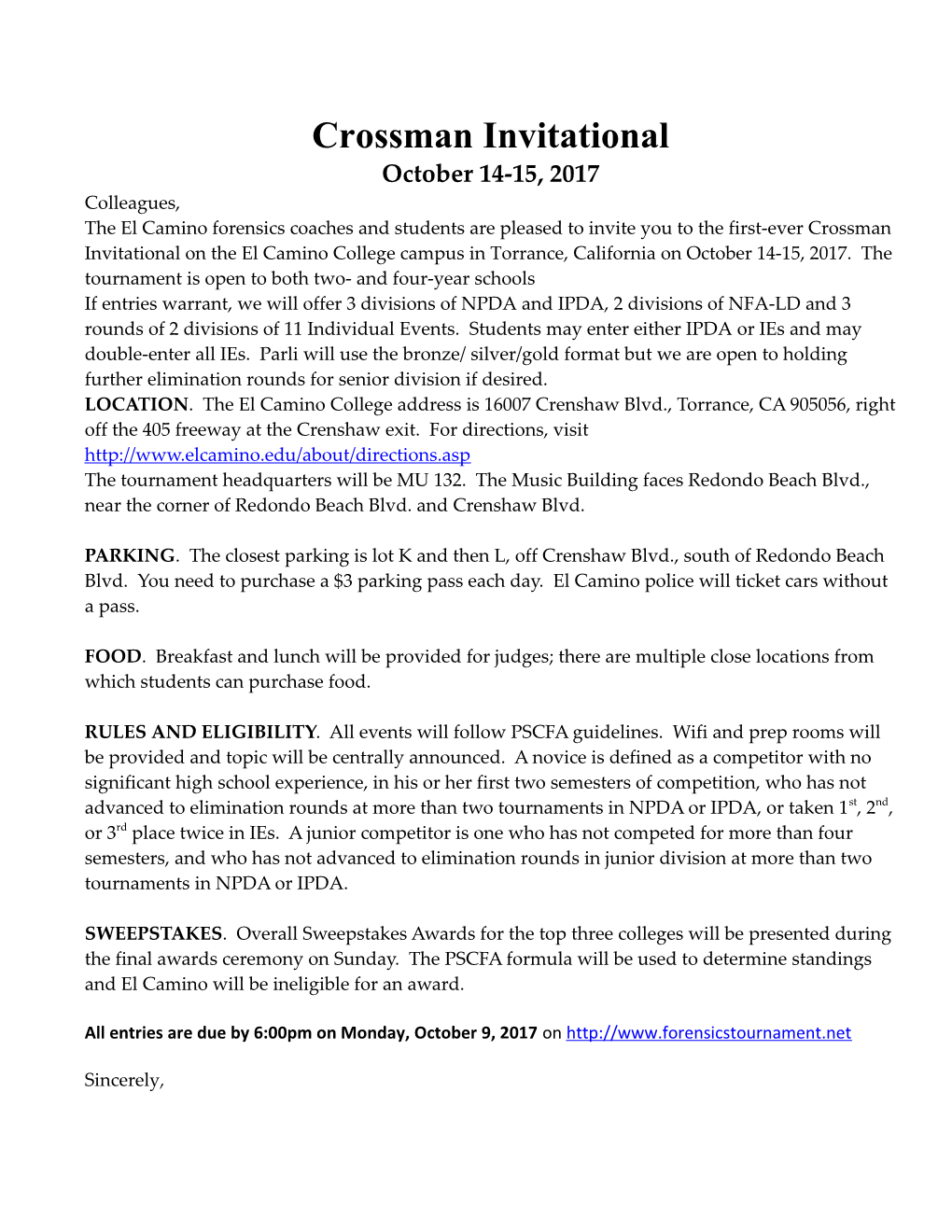 Crossman Invitational October 14-15, 2017