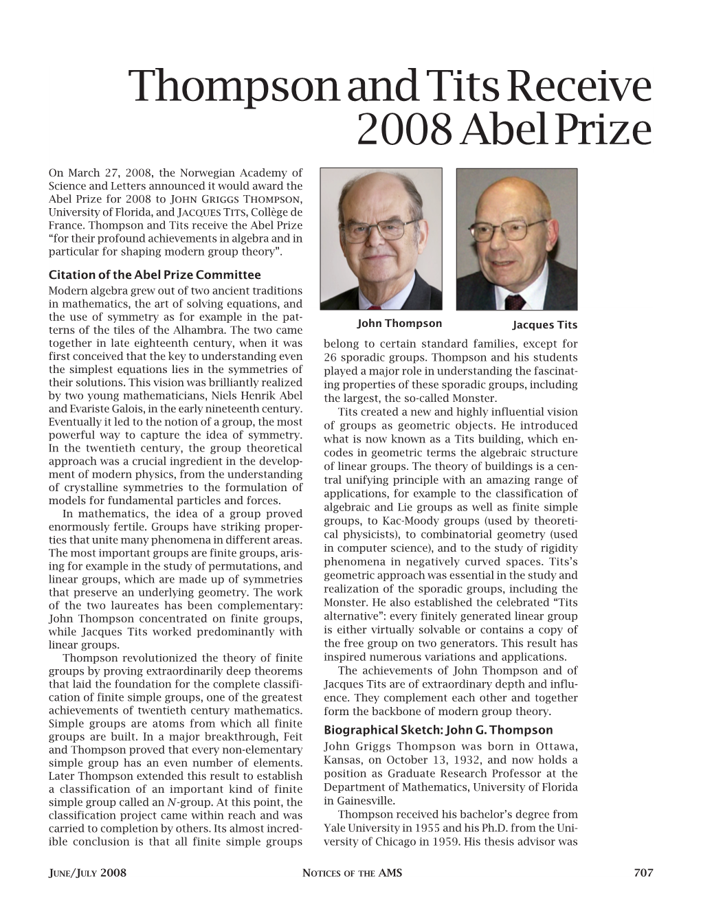 Thompson and Tits Receive 2008 Abel Prize