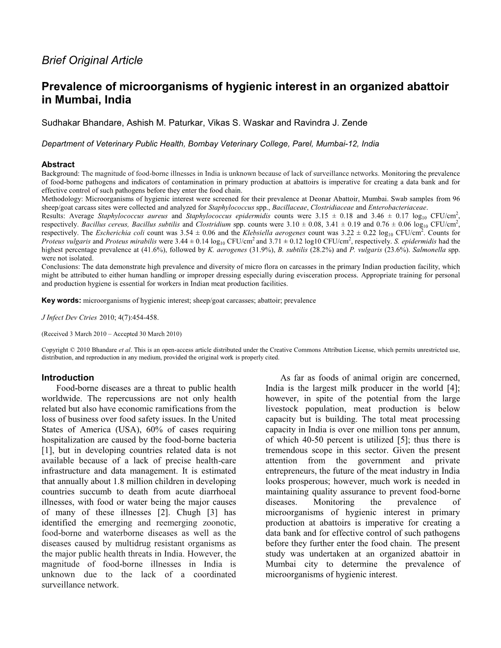 Brief Original Article Prevalence of Microorganisms of Hygienic Interest