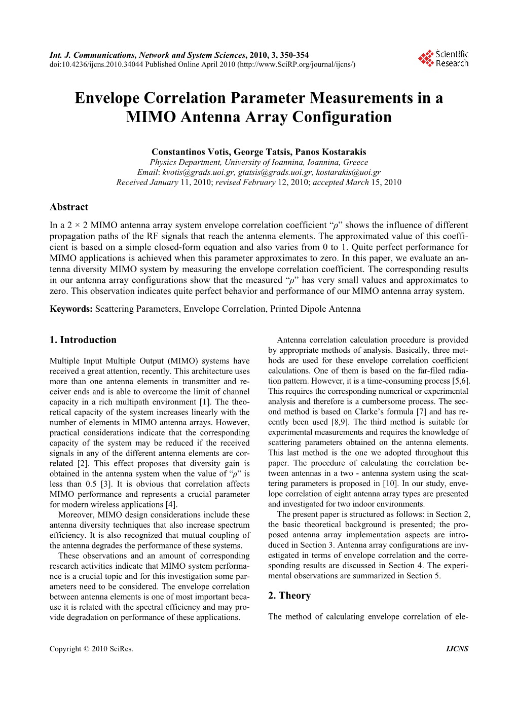 Envelope Correlation Parameter Measurements in a MIMO Antenna Array Configuration