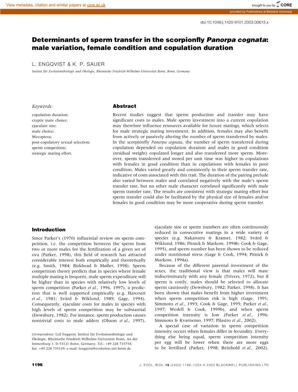 Determinants of Sperm Transfer in the Scorpionfly Panorpa Cognata: Male