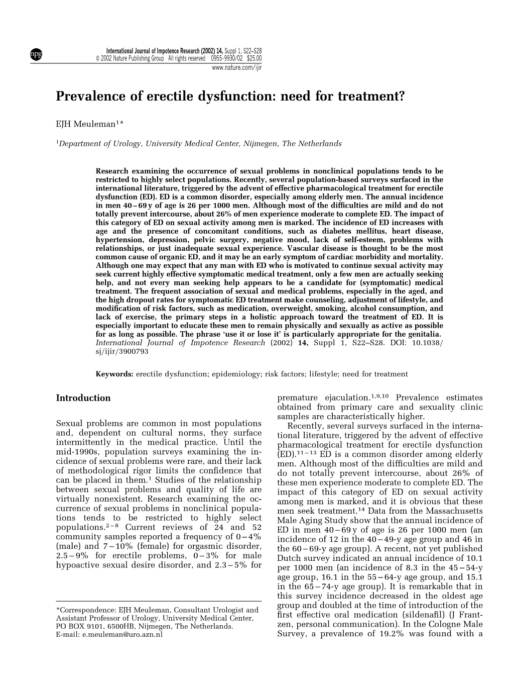 Prevalence of Erectile Dysfunction: Need for Treatment?