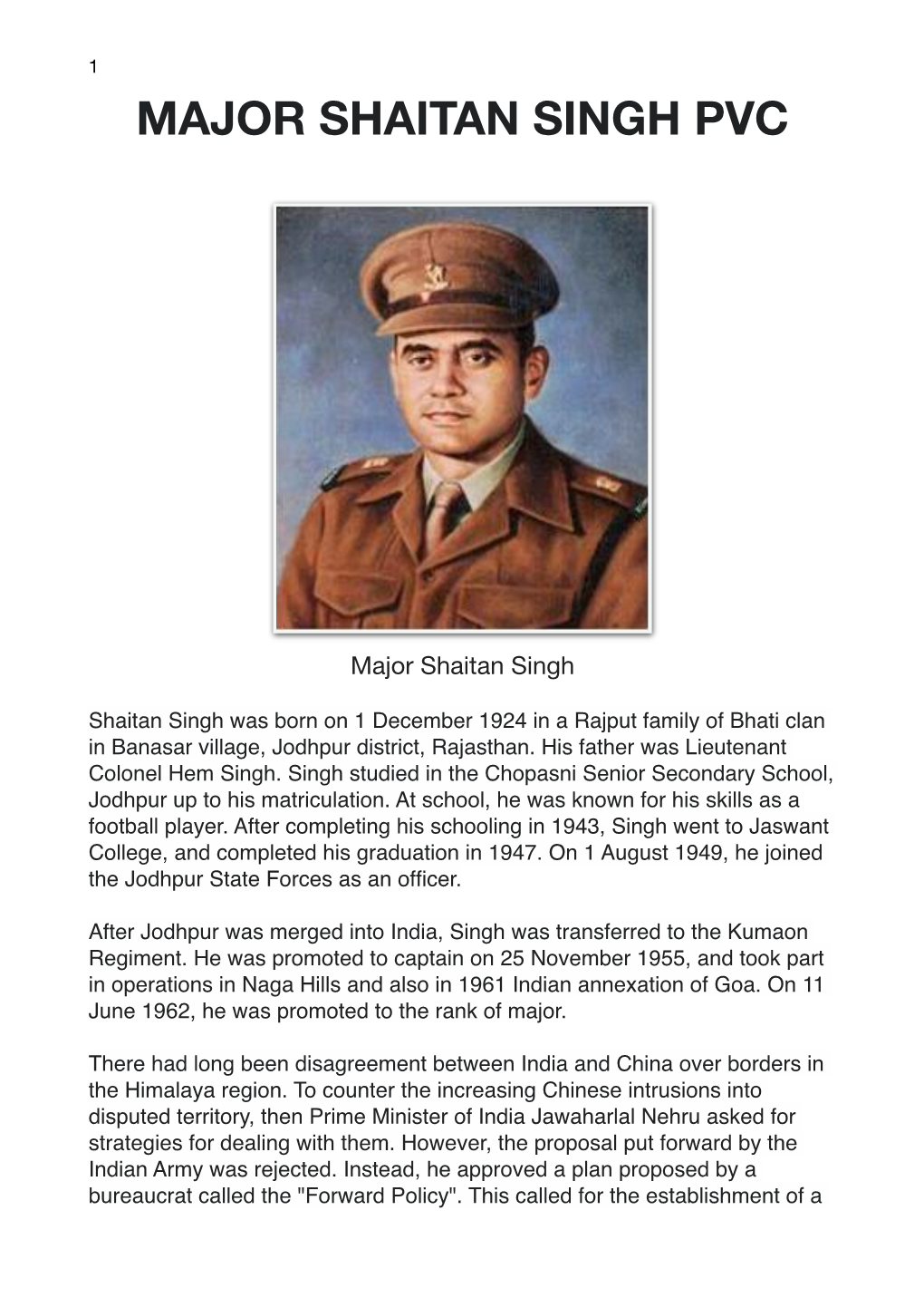 Major Shaitan Singh Pvc