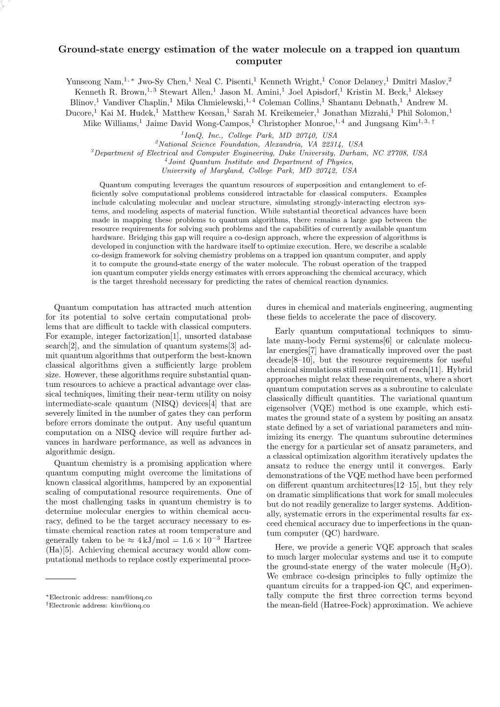 Ground-State Energy Estimation of the Water Molecule on a Trapped Ion Quantum Computer