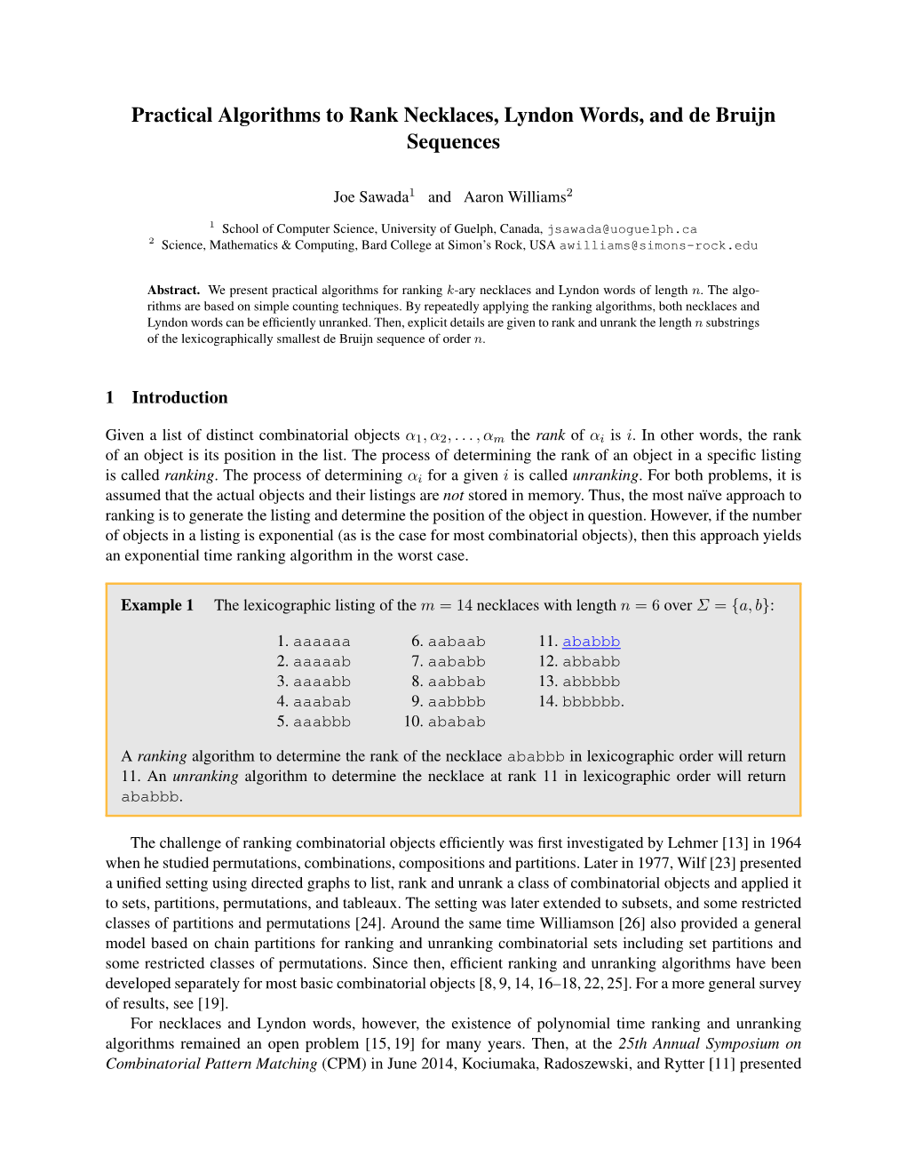 A Practical Algorithm to Rank Necklaces, Lyndon Words, and De Bruijn