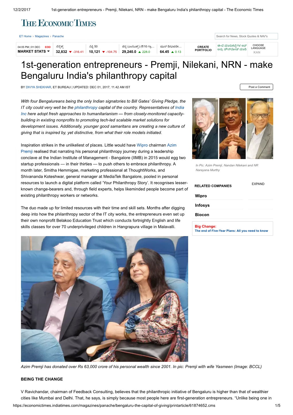 Premji, Nilekani, NRN - Make Bengaluru India's Philanthropy Capital - the Economic Times