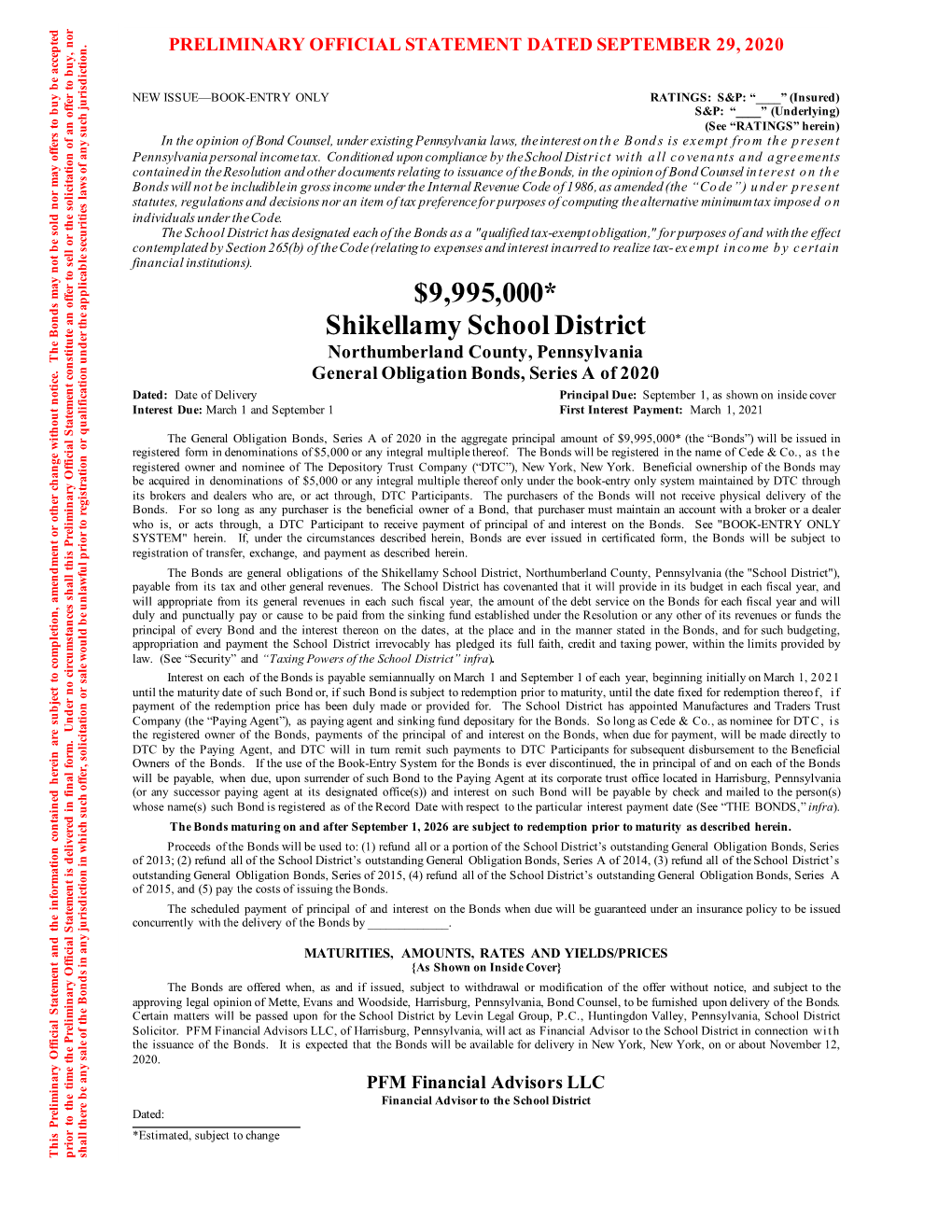 $9,995,000* Shikellamy School District Northumberland County, Pennsylvania General Obligation Bonds, Series a of 2020