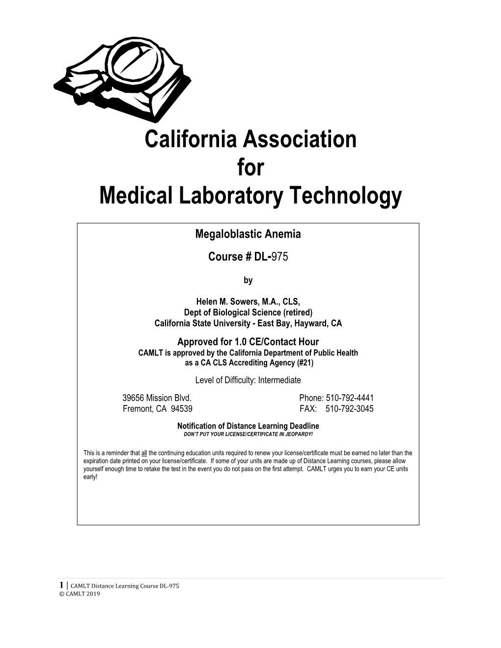 Megaloblastic Anemia Distance Learning Program Course # DL-975