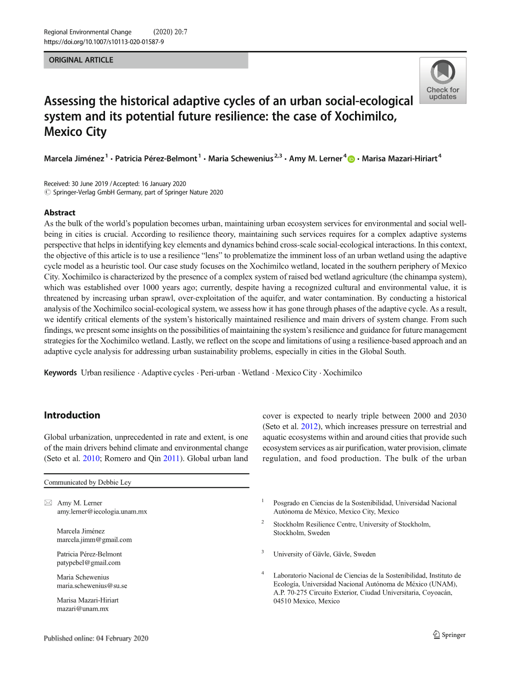 Assessing the Historical Adaptive Cycles of an Urban Social-Ecological System and Its Potential Future Resilience: the Case of Xochimilco, Mexico City