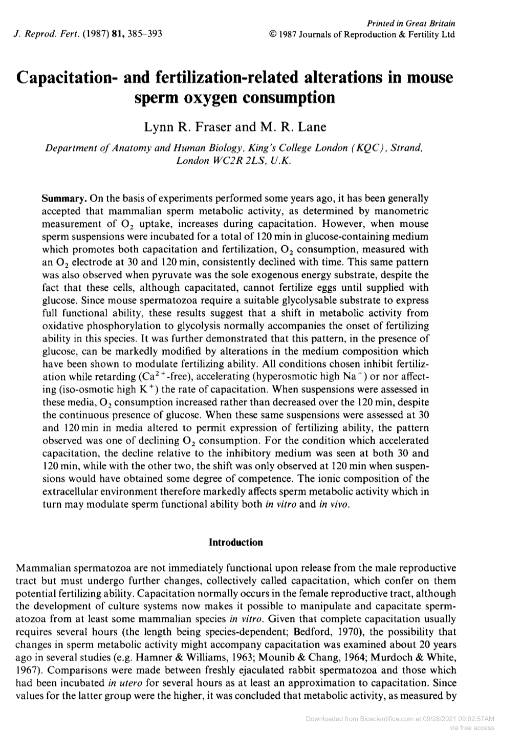 Capacitation- and Fertilization-Related Alterations in Mouse Sperm Oxygen Consumption Lynn R