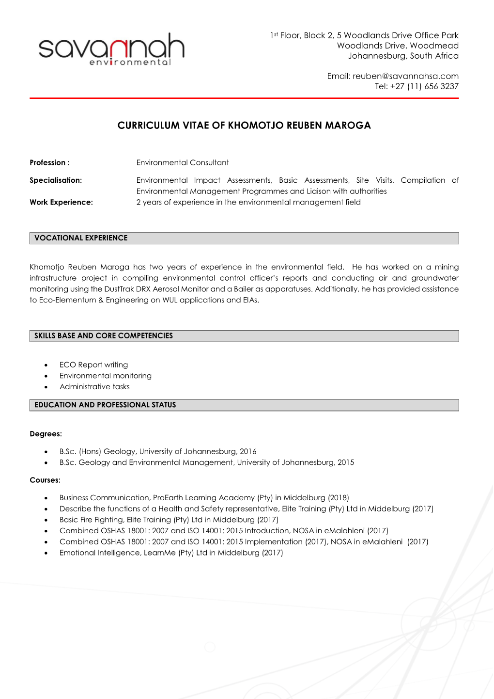 Curriculum Vitae of Khomotjo Reuben Maroga