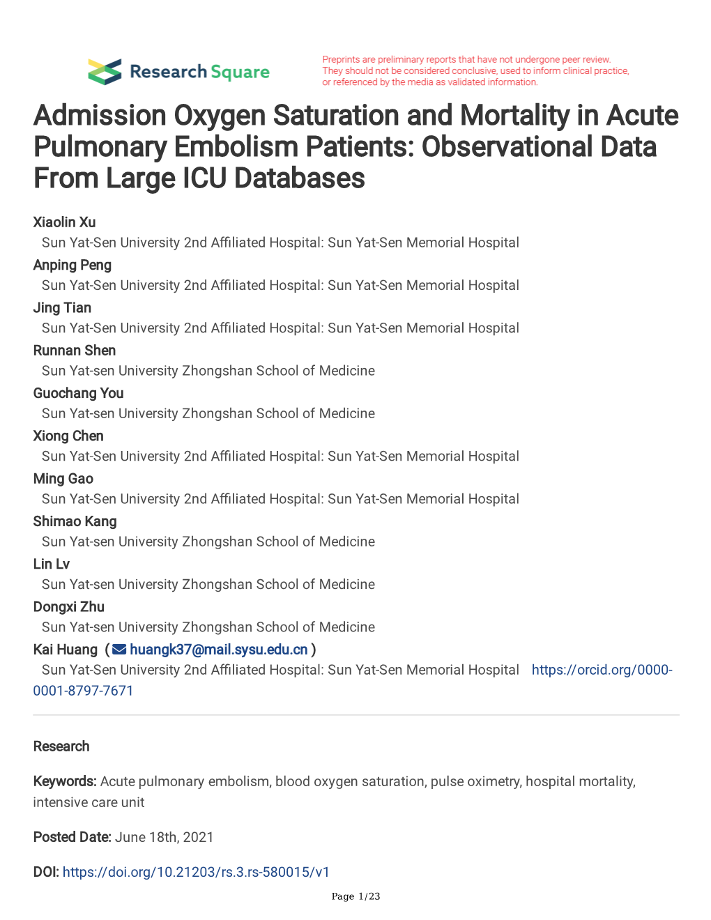 Admission Oxygen Saturation and Mortality in Acute Pulmonary Embolism Patients: Observational Data from Large ICU Databases