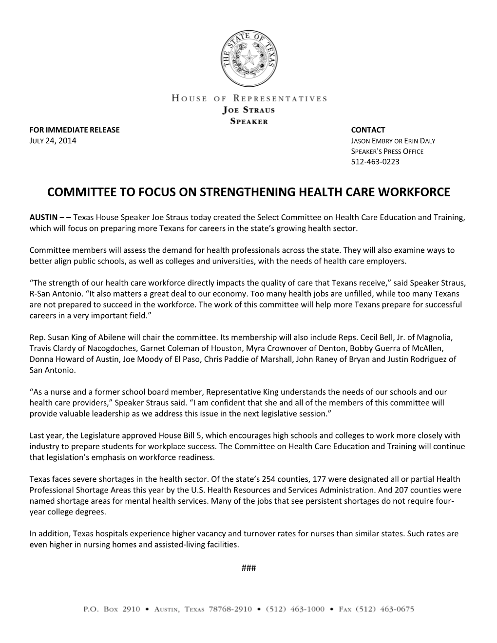 Committee to Focus on Strengthening Health Care Workforce