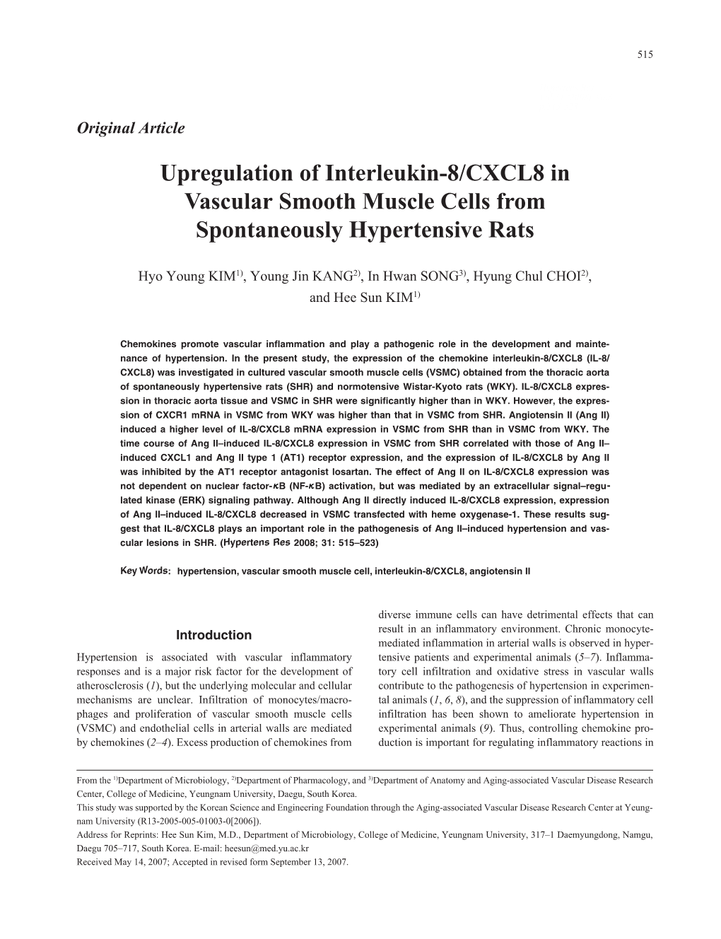 Upregulation of Interleukin-8/CXCL8 in Vascular Smooth Muscle Cells from Spontaneously Hypertensive Rats