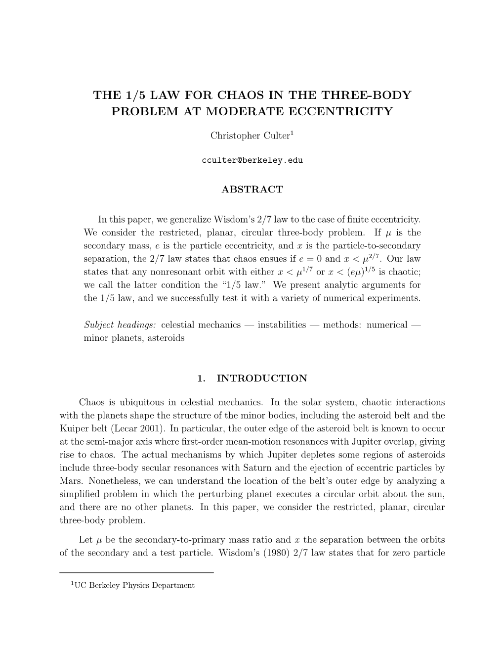 The 1/5 Law for Chaos in the Three-Body Problem at Moderate Eccentricity