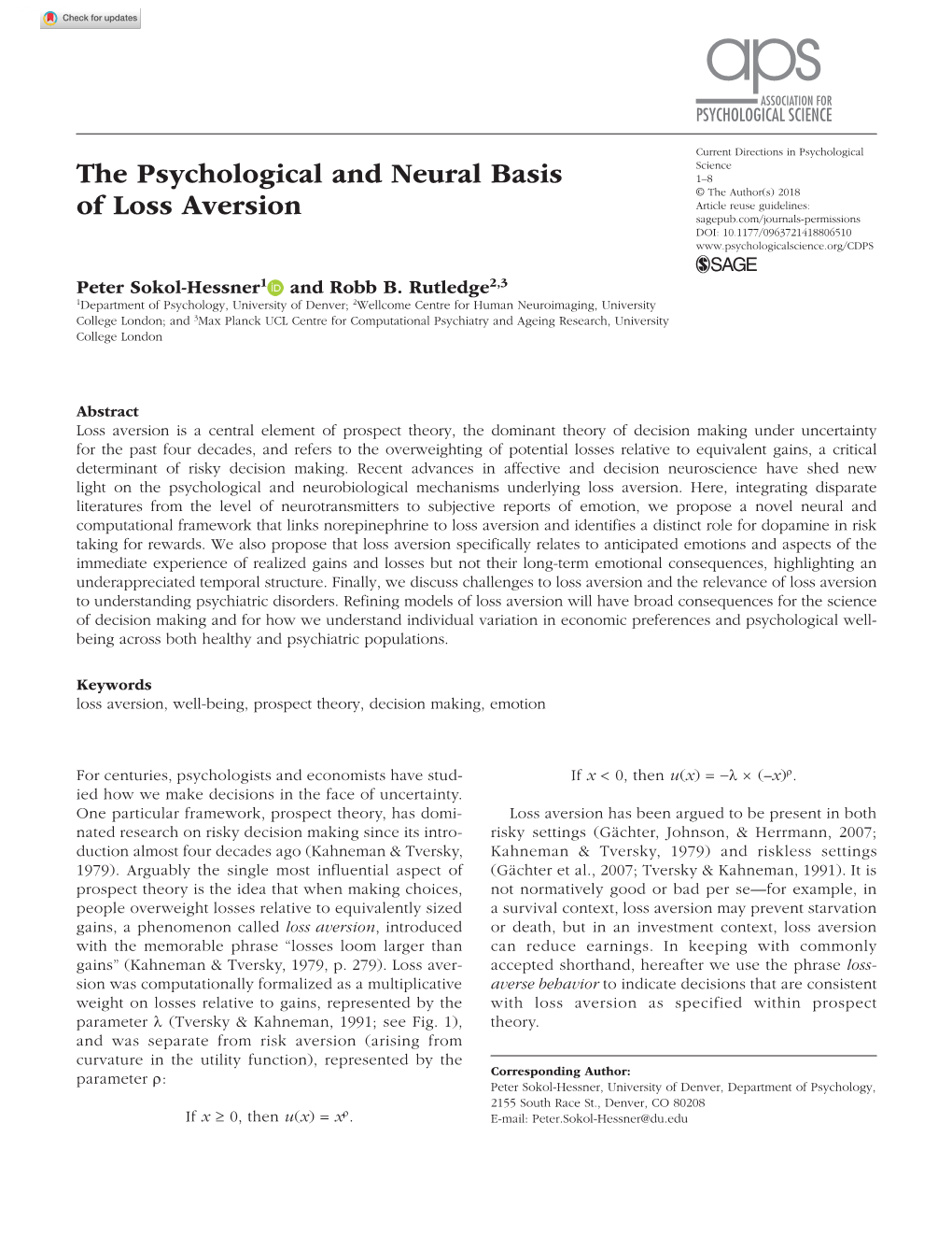 The Psychological and Neural Basis of Loss Aversion Research-Article8065102018