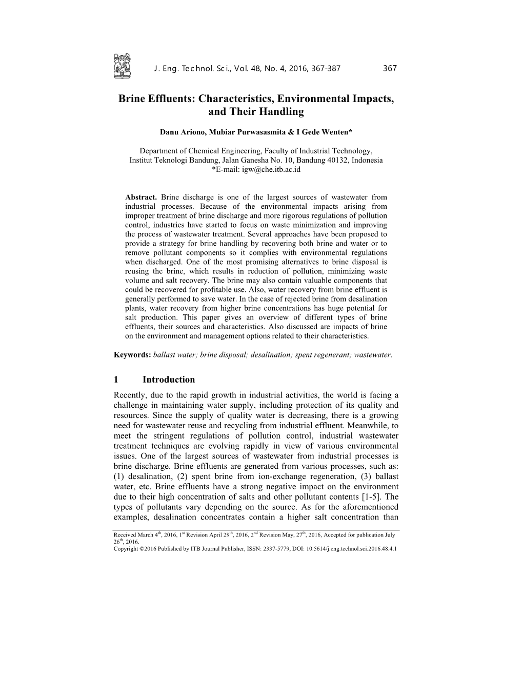 Brine Effluents: Characteristics, Environmental Impacts, and Their Handling