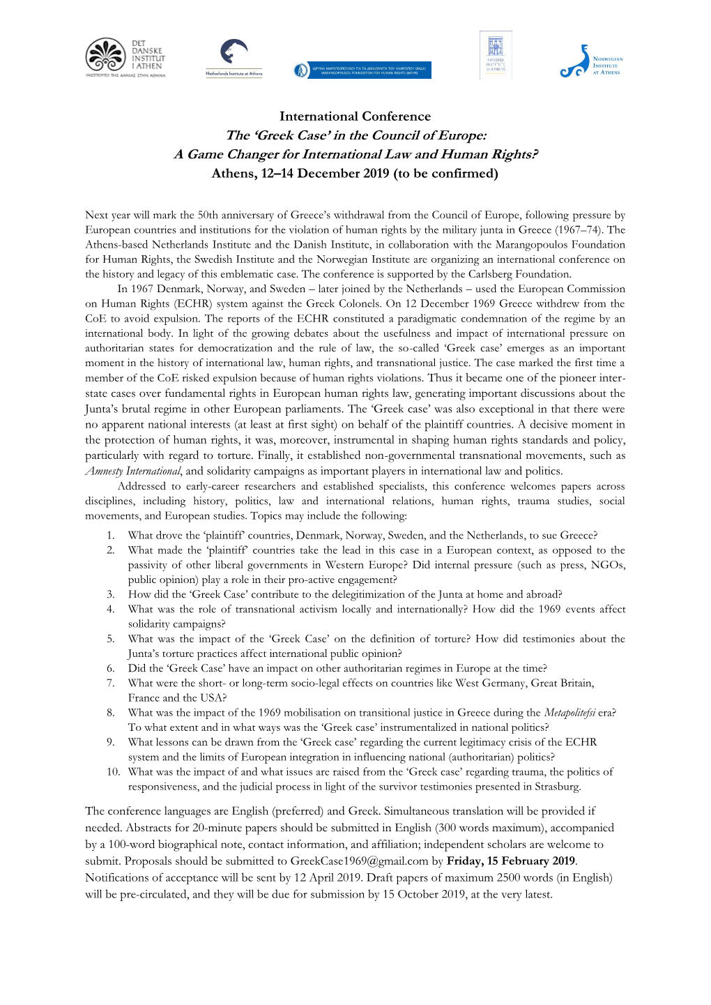 Greek Case’ in the Council of Europe: a Game Changer for International Law and Human Rights? Athens, 12–14 December 2019 (To Be Confirmed)