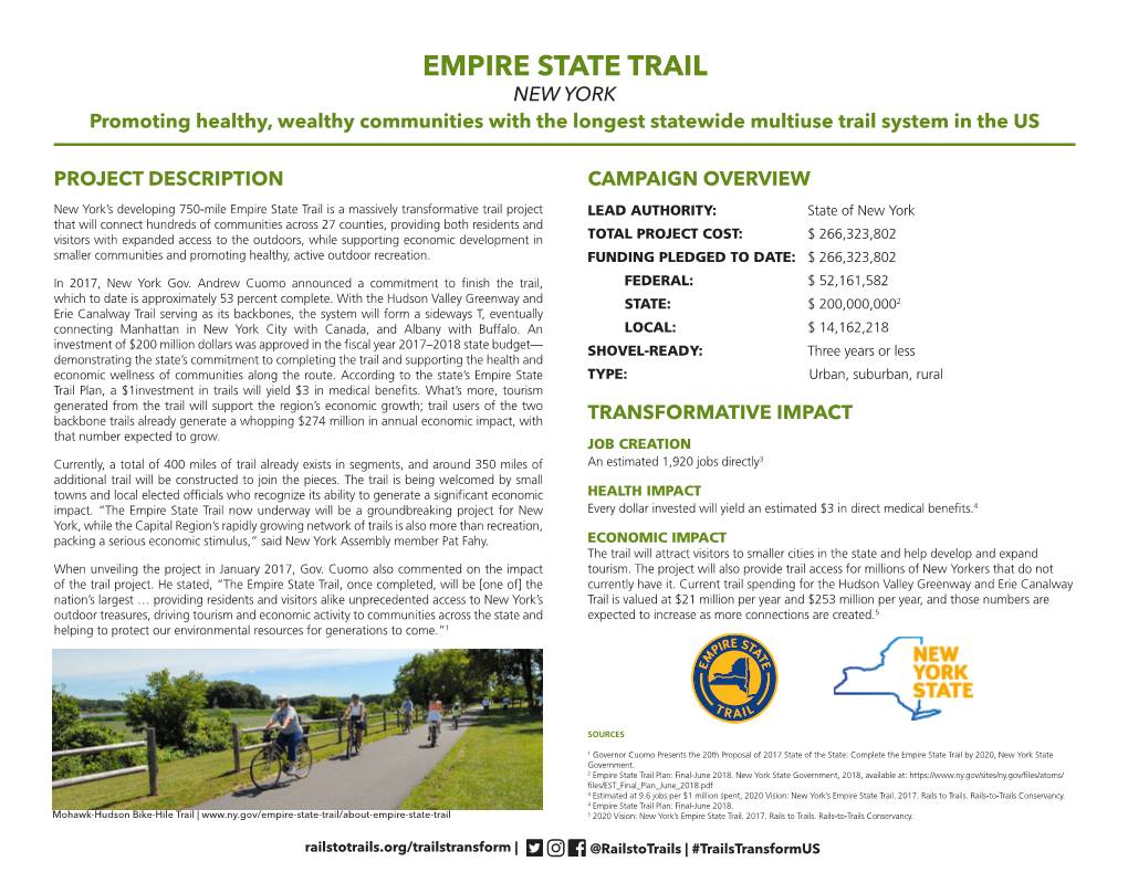 EMPIRE STATE TRAIL NEW YORK Promoting Healthy, Wealthy Communities with the Longest Statewide Multiuse Trail System in the US