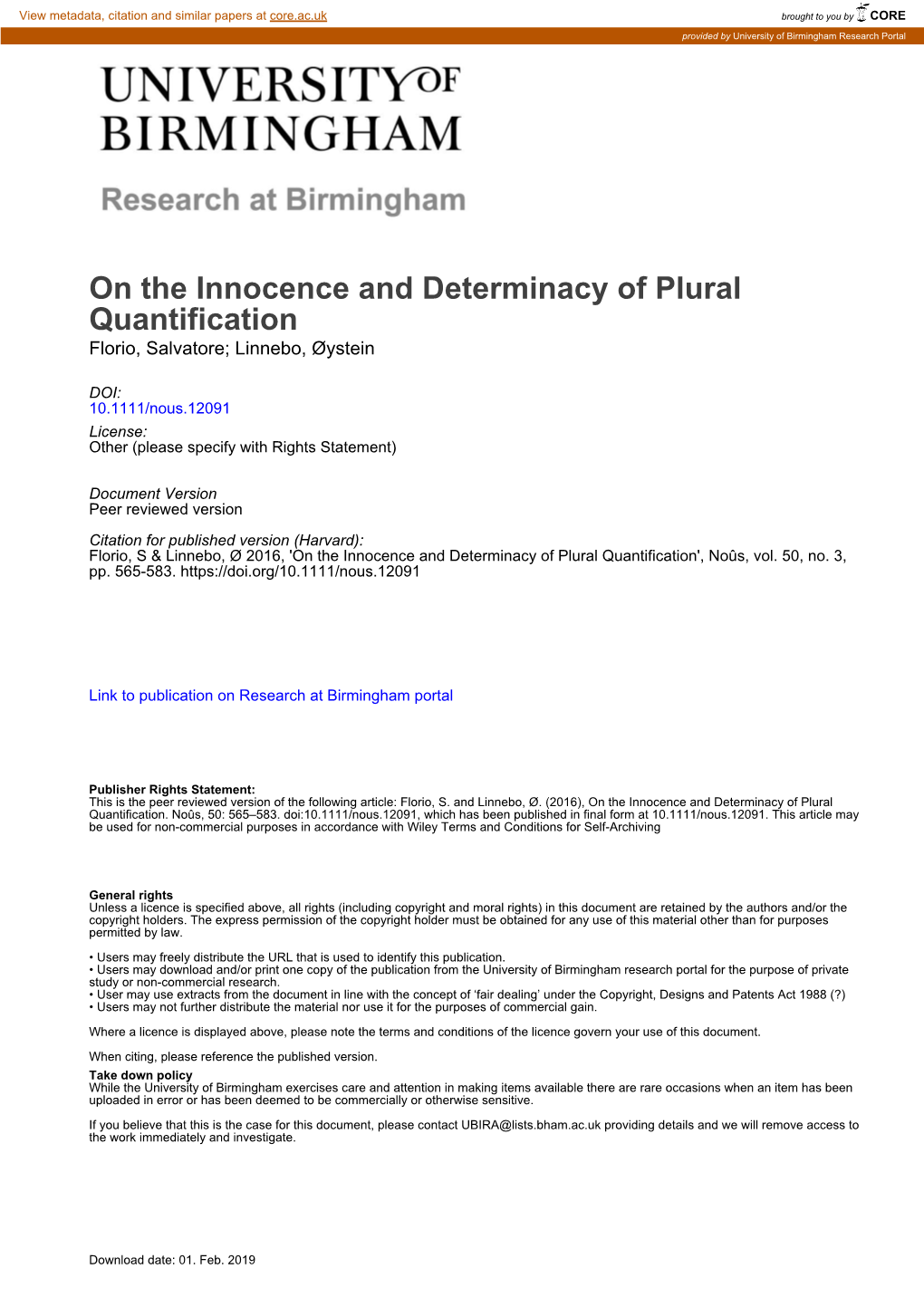 On the Innocence and Determinacy of Plural Quantification Florio, Salvatore; Linnebo, Øystein