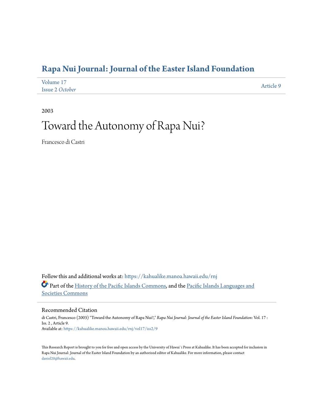 Toward the Autonomy of Rapa Nui? Francesco Di Castri