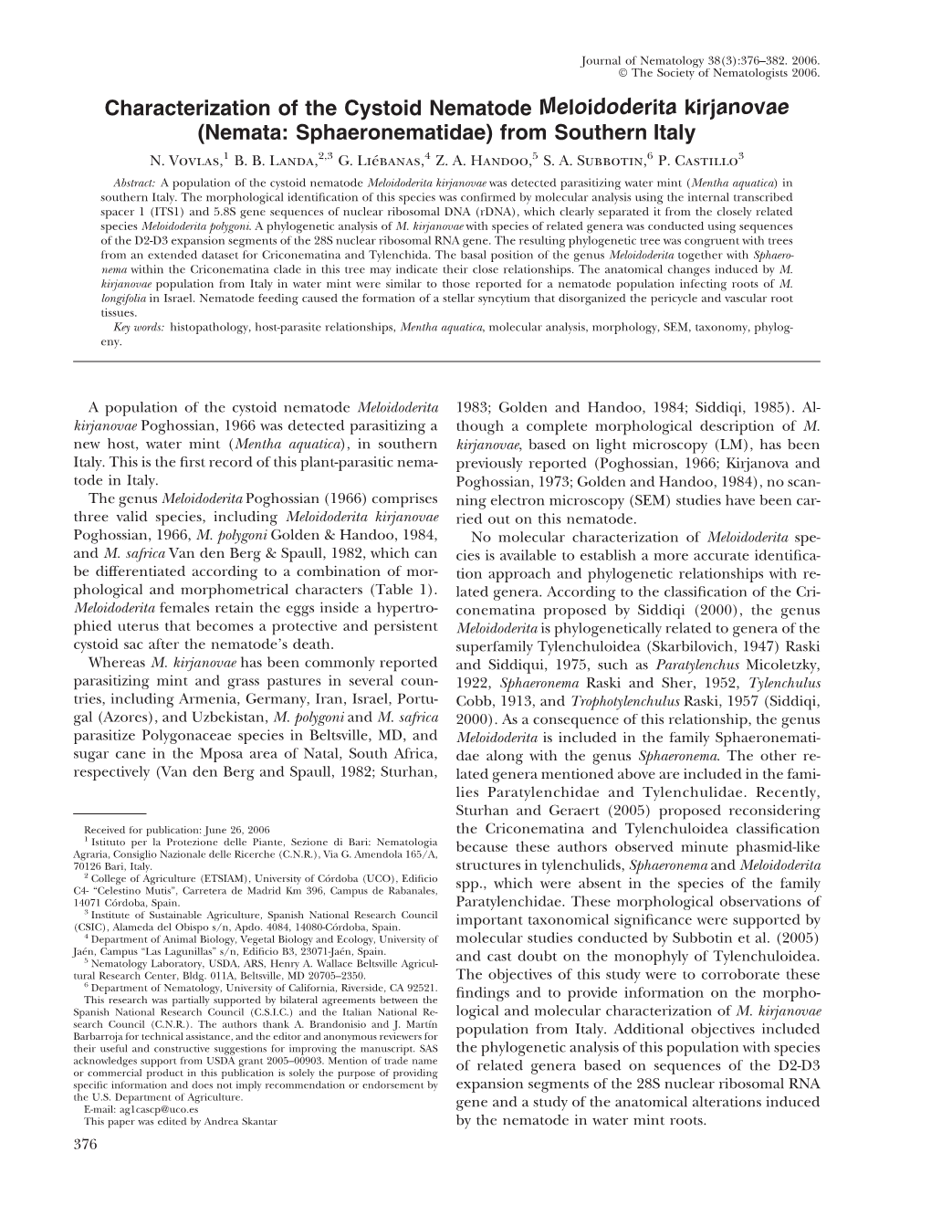 Characterization of the Cystoid Nematode Meloidoderita Kirjanovae (Nemata: Sphaeronematidae) from Southern Italy N