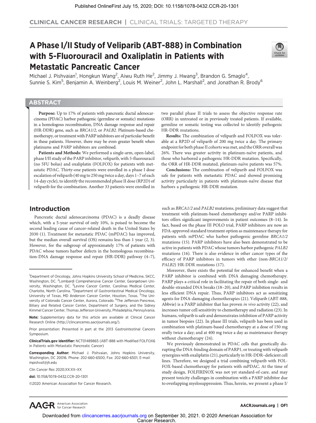 ABT-888) in Combination with 5-Fluorouracil and Oxaliplatin in Patients with Metastatic Pancreatic Cancer Michael J