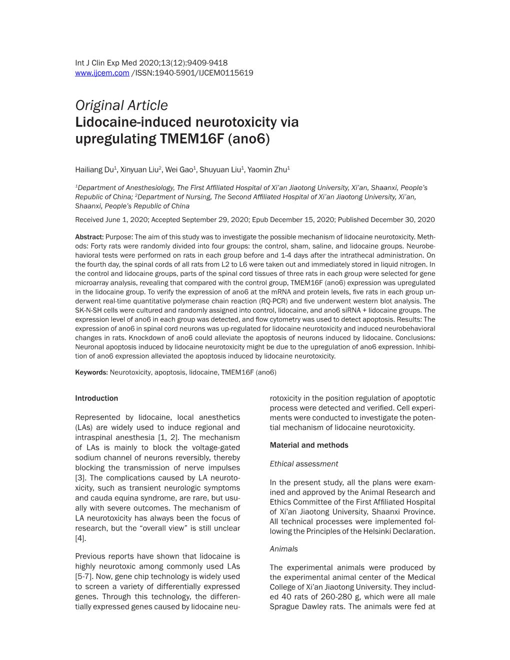 Original Article Lidocaine-Induced Neurotoxicity Via Upregulating TMEM16F (Ano6)