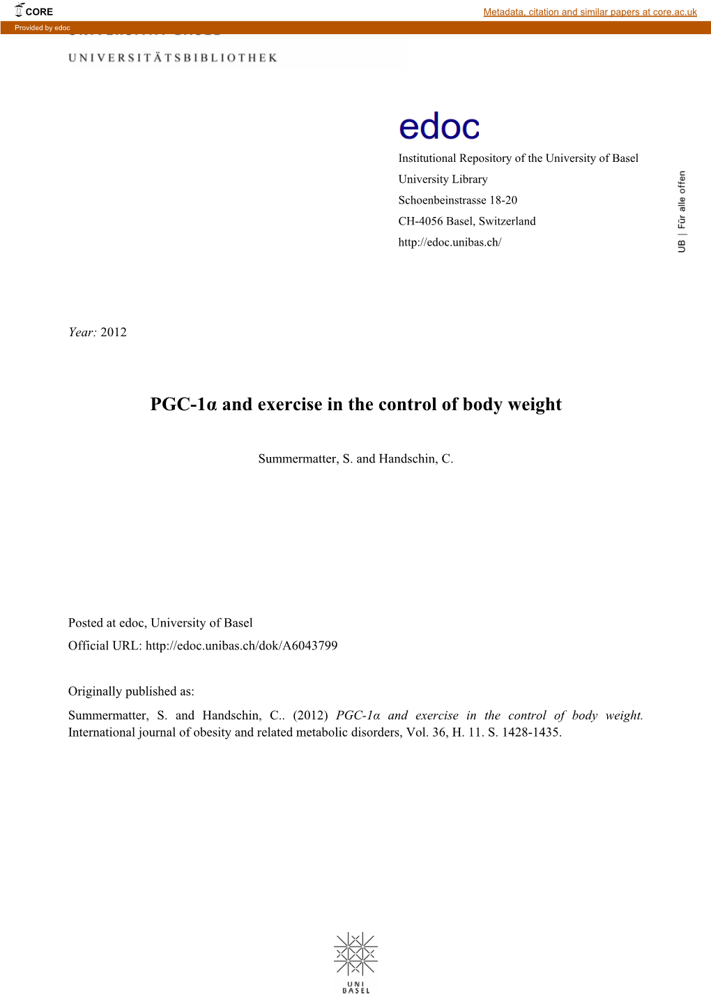 PGC-1Α and Exercise in the Control of Body Weight