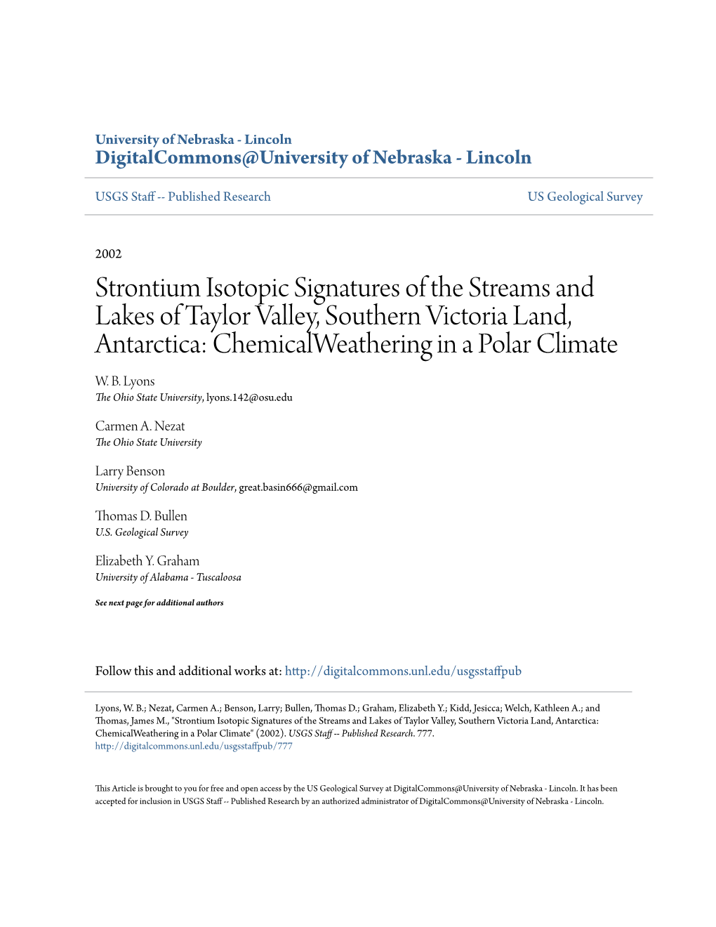 Strontium Isotopic Signatures of the Streams and Lakes of Taylor Valley, Southern Victoria Land, Antarctica: Chemicalweathering in a Polar Climate W