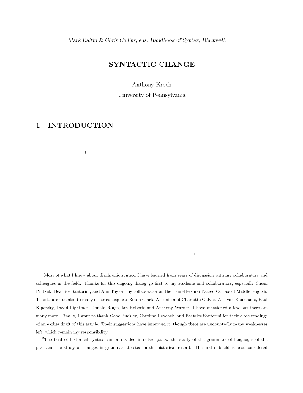 Syntactic Change 1 Introduction