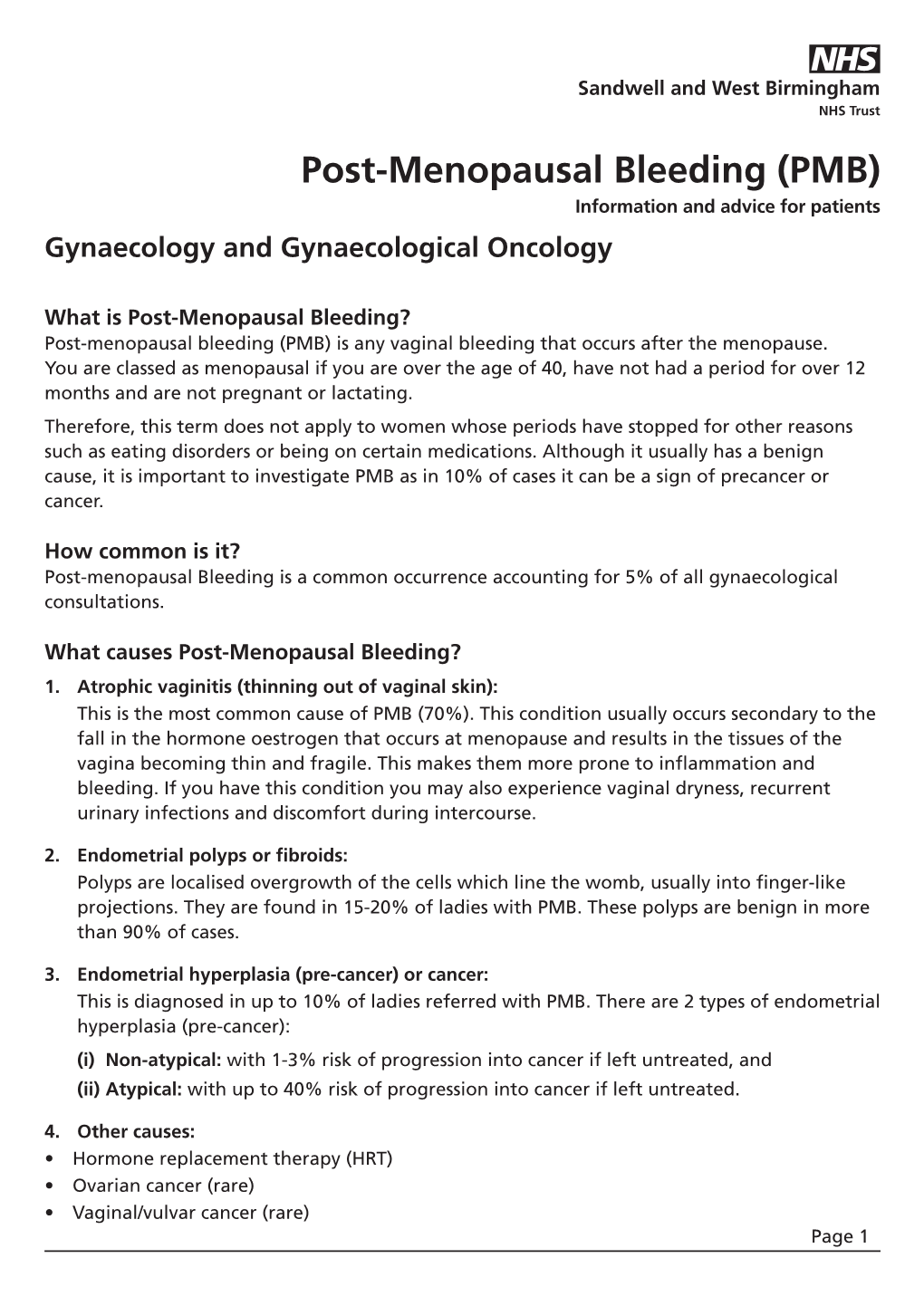 Post-Menopausal Bleeding (PMB) Information and Advice for Patients Gynaecology and Gynaecological Oncology