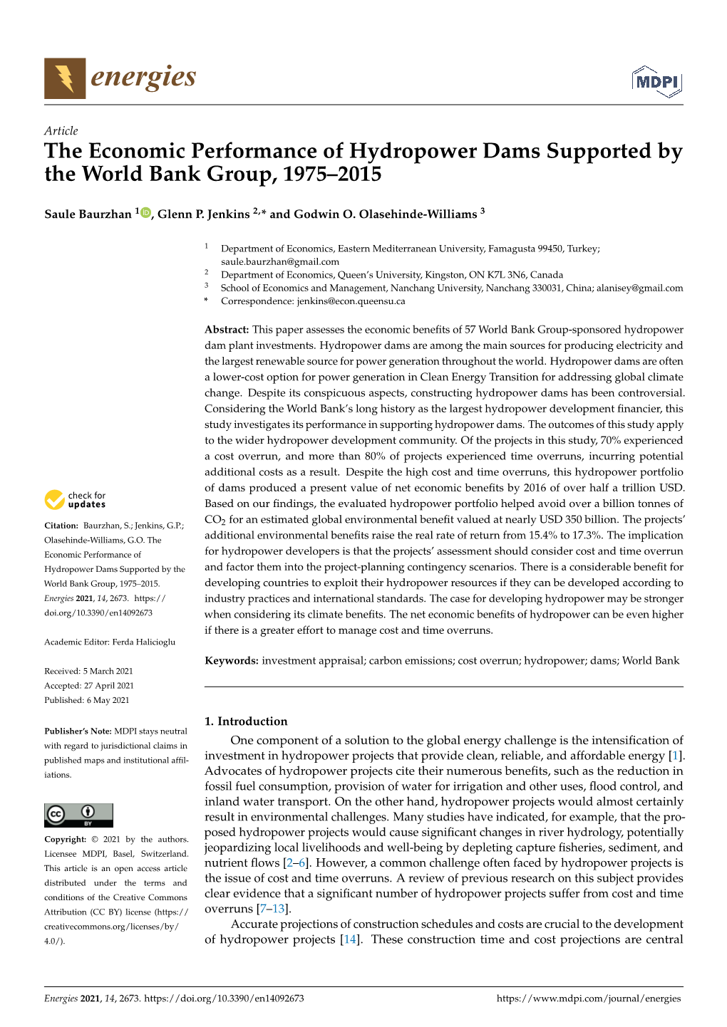 The Economic Performance of Hydropower Dams Supported by the World Bank Group, 1975–2015