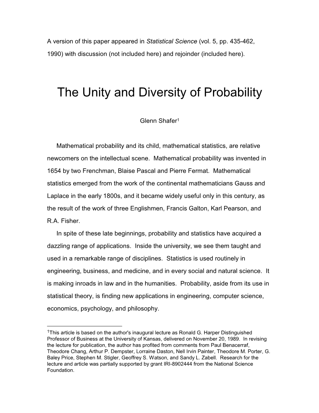 A Version of This Paper Appeared in Statistical Science (Vol