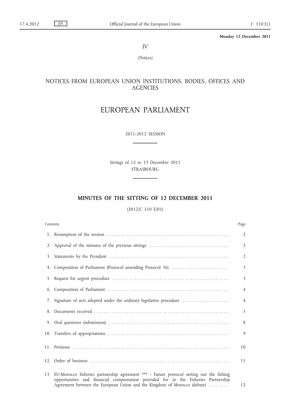 Minutes of the Sitting of 12 December 2011