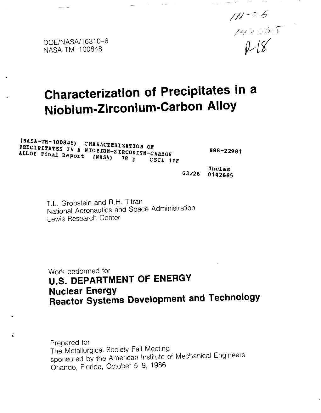 Characterization of Precipitates in a Niobium-Zirconium-Carbon Alloy