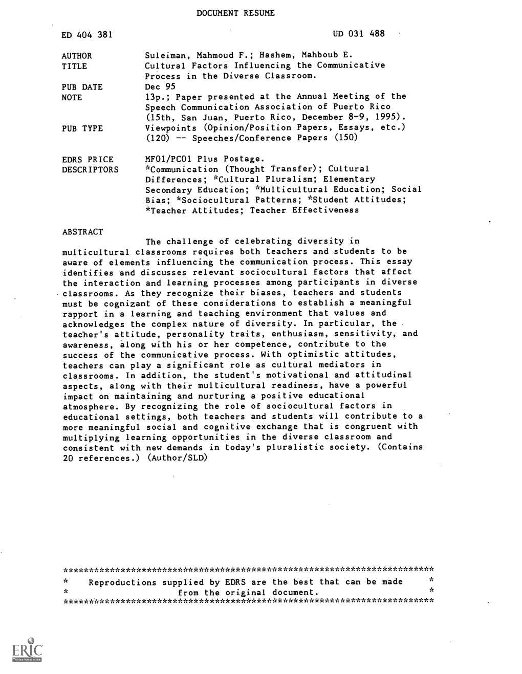 DOCUMENT RESUME UD 031 488 Cultural Factors Influencing