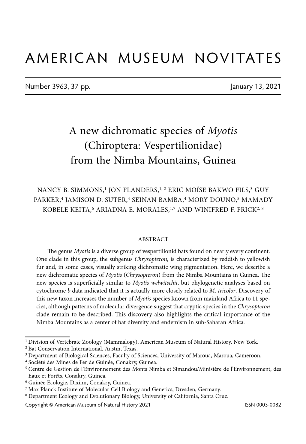 A New Dichromatic Species of Myotis (Chiroptera: Vespertilionidae) from the Nimba Mountains, Guinea