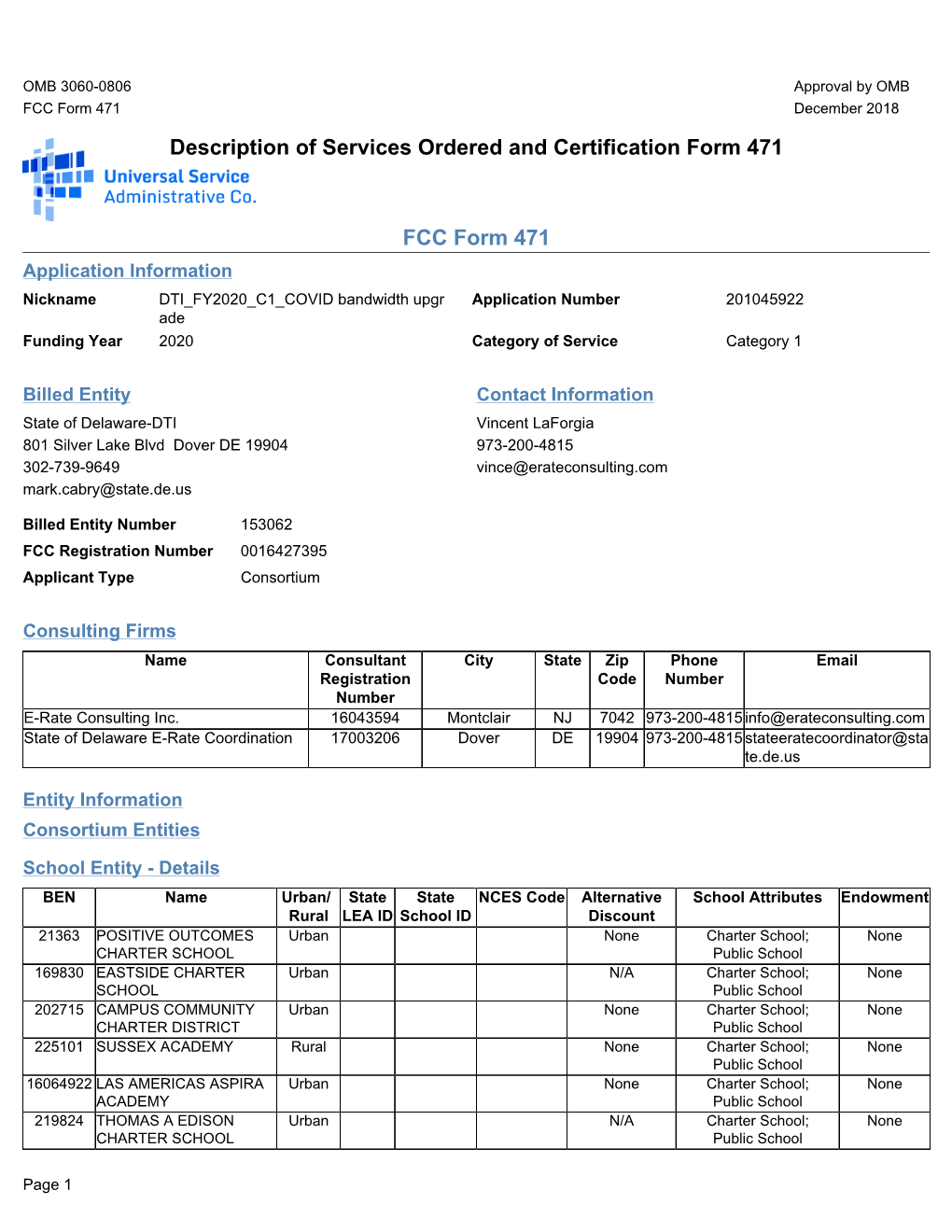 Description of Services Ordered and Certification Form 471 FCC