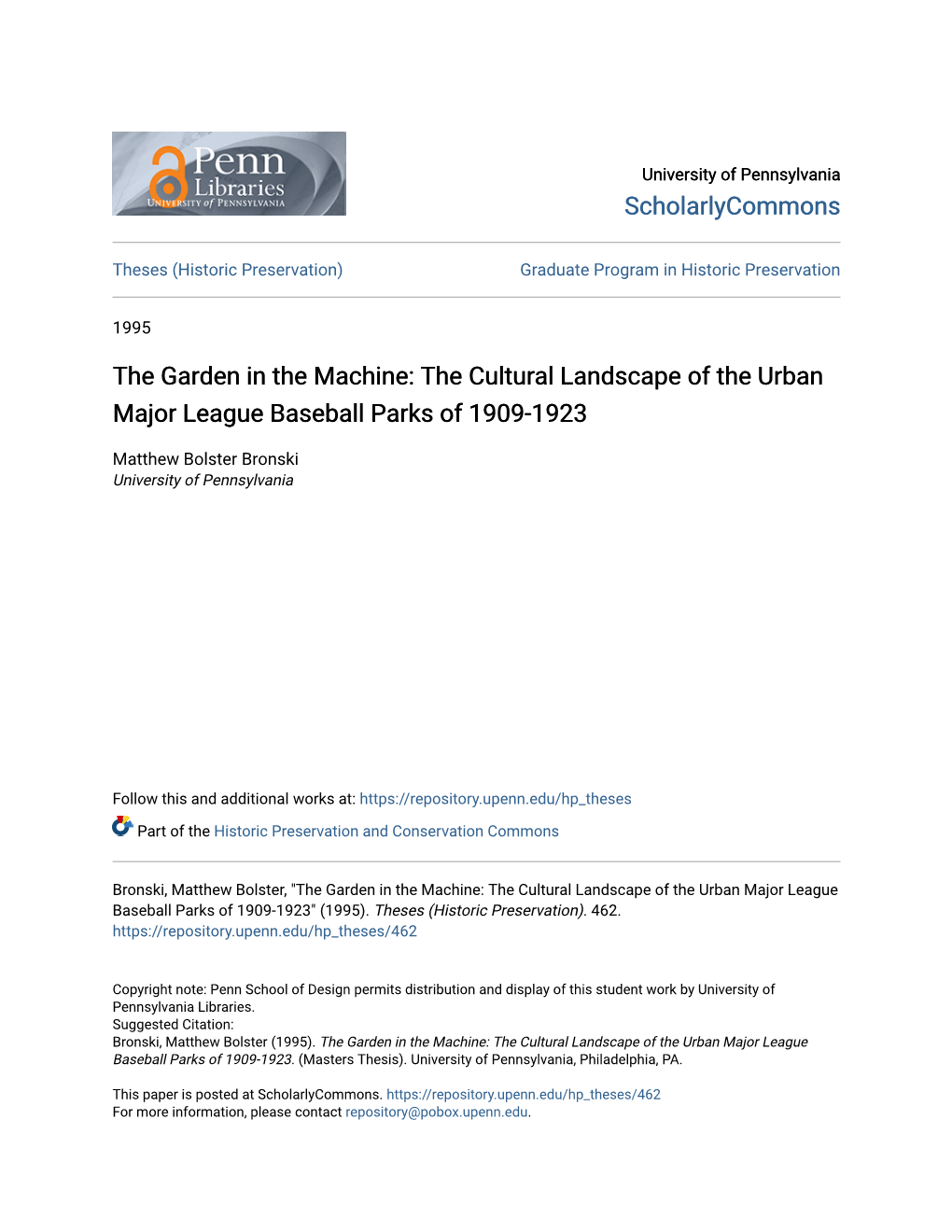 The Cultural Landscape of the Urban Major League Baseball Parks of 1909-1923