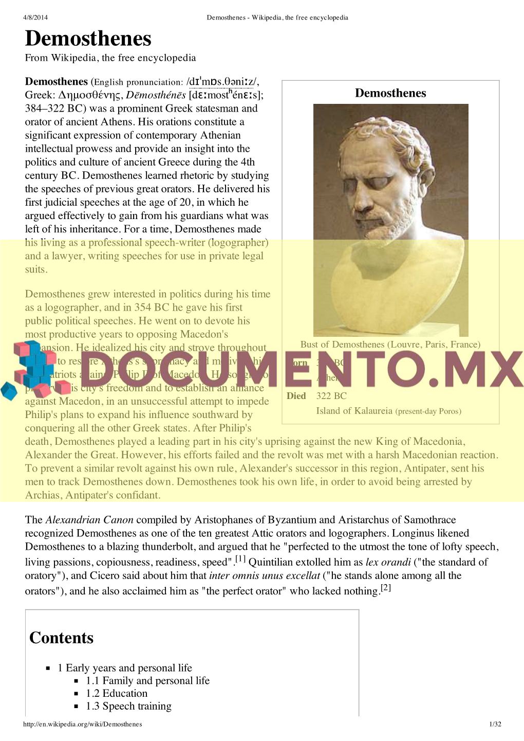 Demosthenes - Wikipedia, the Free Encyclopedia Demosthenes from Wikipedia, the Free Encyclopedia