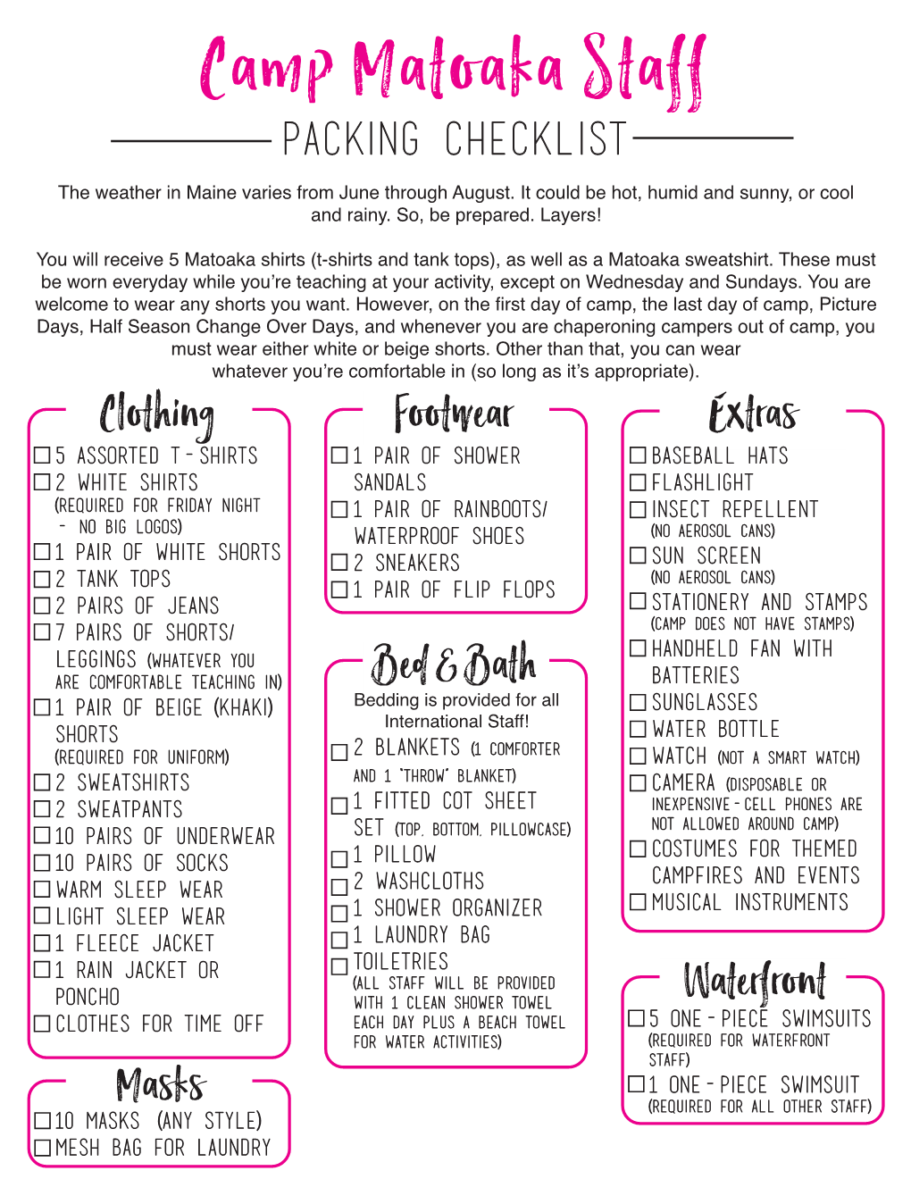 Camp Matoaka Staff Packing Checklist