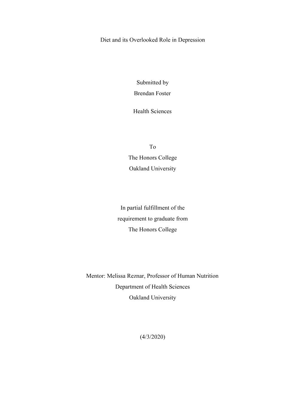 Diet and Its Overlooked Role in Depression Submitted by Brendan