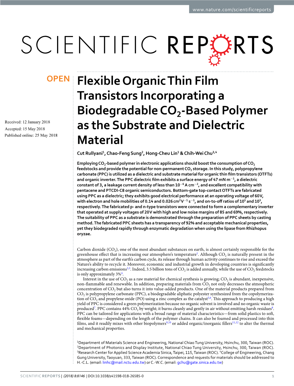 Flexible Organic Thin Film Transistors Incorporating a Biodegradable CO2