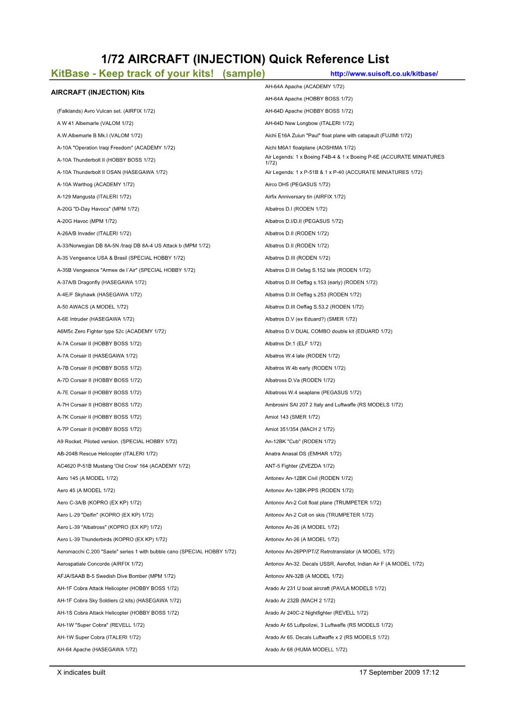 1/72 AIRCRAFT (INJECTION) Quick Reference List Kitbase - Keep Track of Your Kits! (Sample)